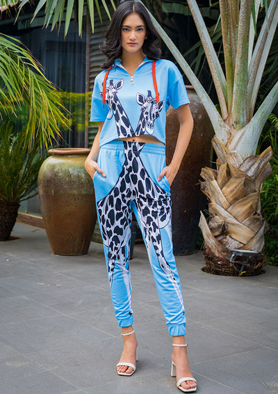 Blue Giraffe Print Zip-Up Hooded Crop Sweatshirt And Joggers Set
