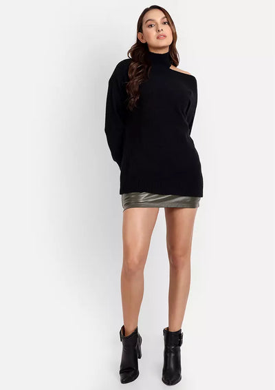 Black Cut-Out Shoulder Turtleneck Sweater