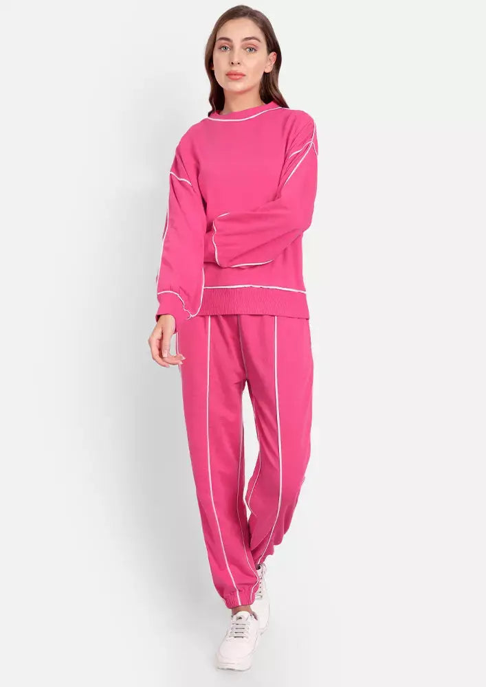 Hot Pink Jogger Set with White Piping Highlight IKI CHIC