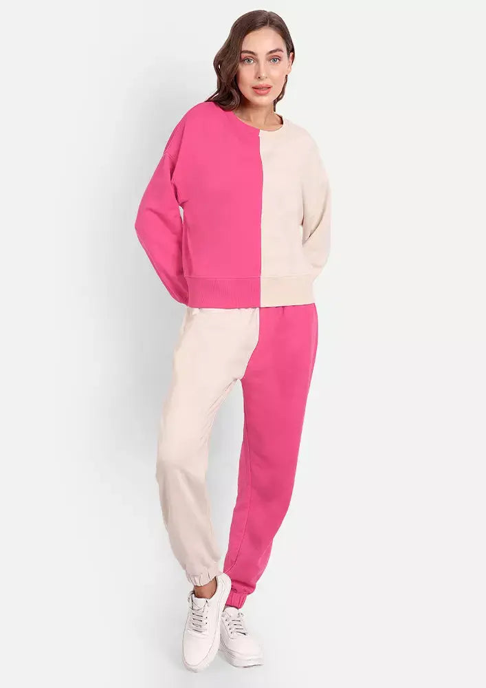 Hot Pink and Off White Colour Blocking Track Suit Set IKI CHIC