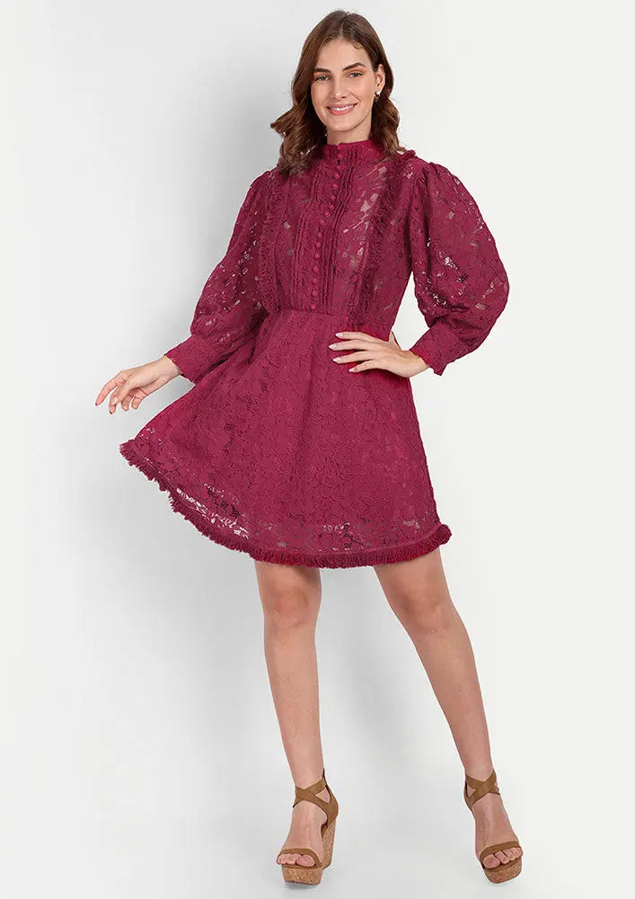 Viva Magenta Floral Lace Skater Dress With Fringe Detailing IKI CHIC Private Ltd