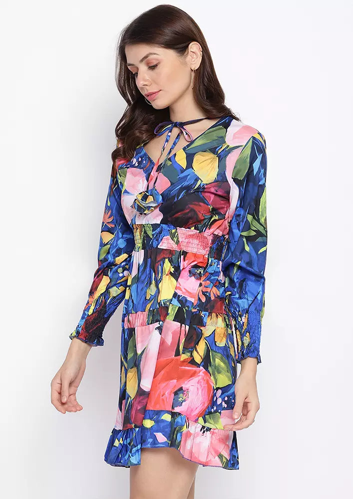 Multicolor Floral Print Cuff Sleeves Skater Dress