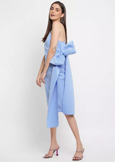 Light Blue One Shoulder Bow Design Midi Dress