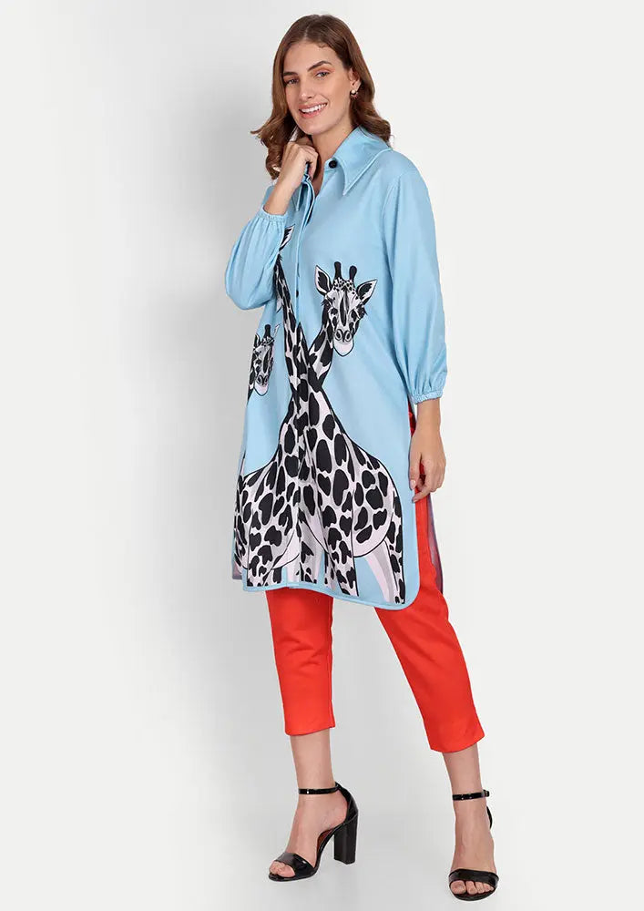 Giraffe Print Oversized Shirt With Orange Red Straight Pants Set IKI CHIC Private Ltd