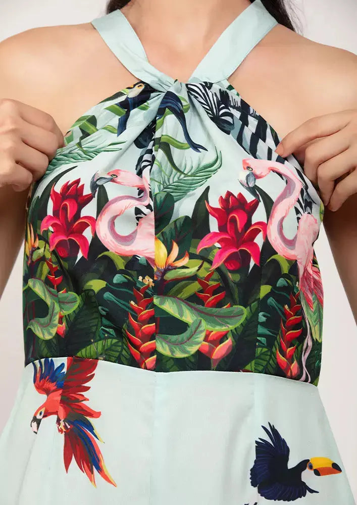 Jungle Print Crepe Halterneck Design Wide Leg Jumpsuit IKI CHIC Private Ltd