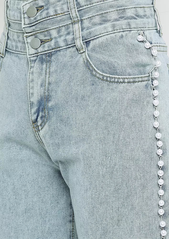 Light Blue Washed Pearl Detail Wide Leg Jeans