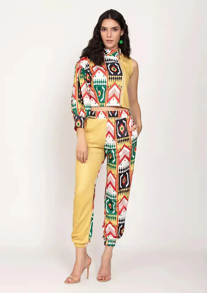 Ikat Print Colorblock One Sleeve Crop Top And Joggers Set IKI CHIC Private Ltd