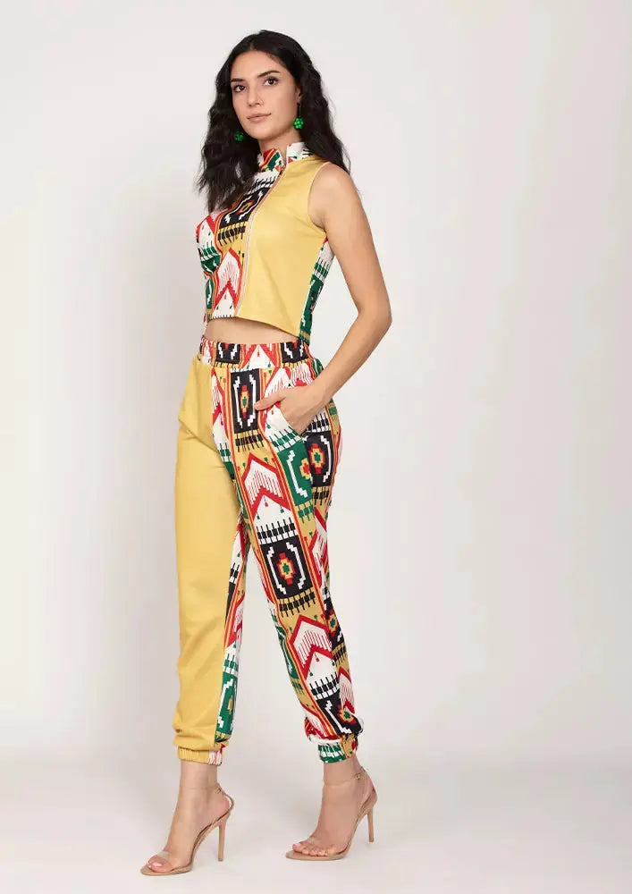Ikat Print Colorblock One Sleeve Crop Top And Joggers Set IKI CHIC Private Ltd