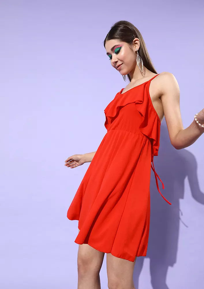 Red Frill Detail Strappy Skater Dress