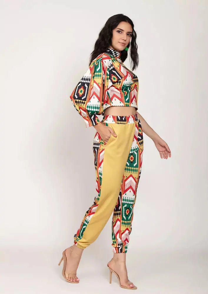 Ikat Print Colorblock One Sleeve Crop Top And Joggers Set IKI CHIC Private Ltd