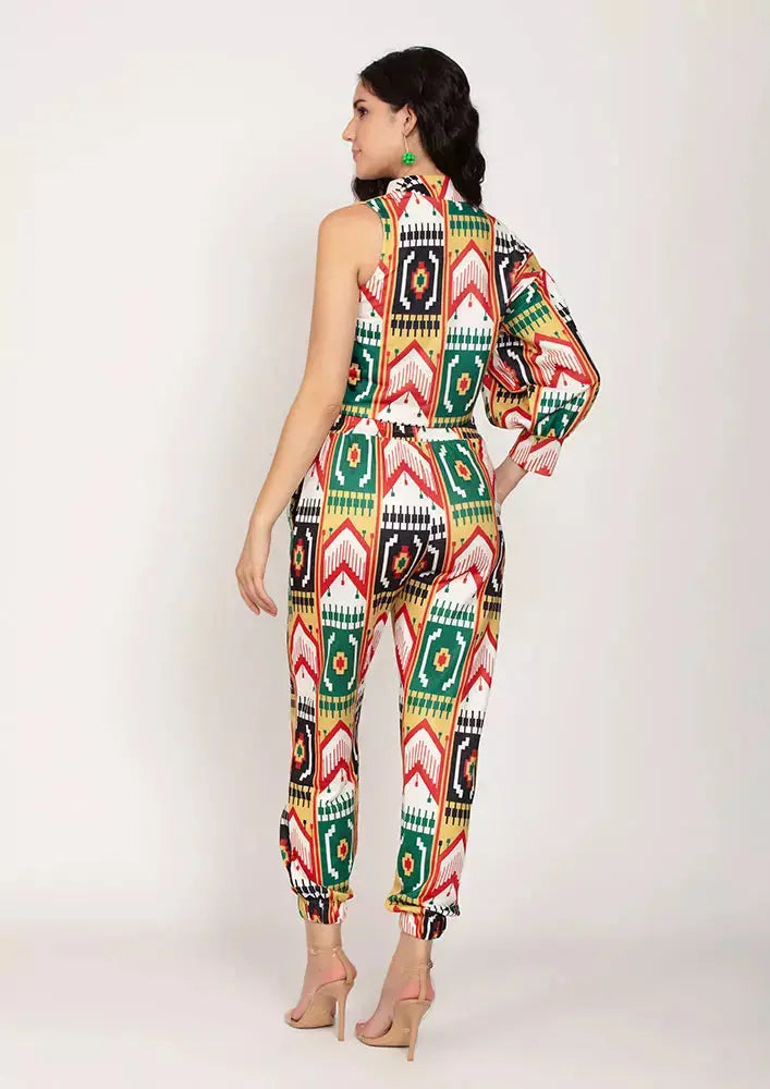 Ikat Print Colorblock One Sleeve Crop Top And Joggers Set IKI CHIC Private Ltd