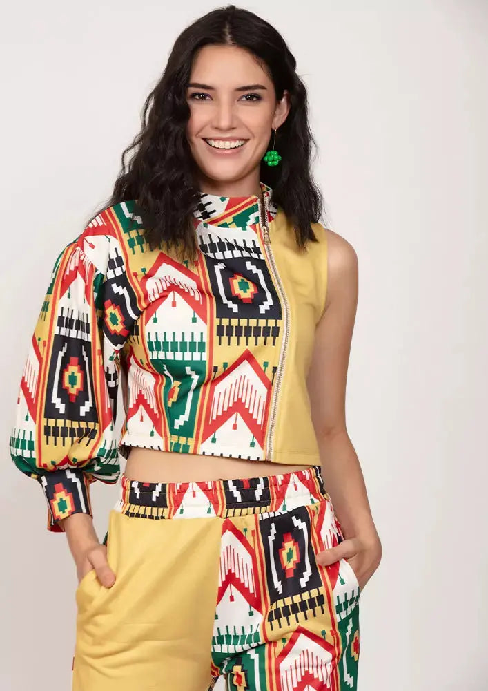 Ikat Print Colorblock One Sleeve Crop Top And Joggers Set IKI CHIC Private Ltd