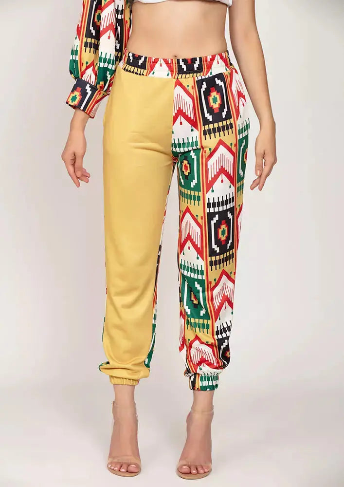 Ikat Print Colorblock One Sleeve Crop Top And Joggers Set IKI CHIC Private Ltd
