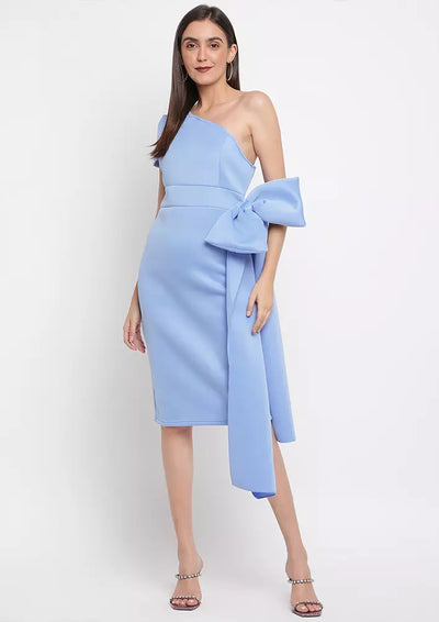 Light Blue One Shoulder Bow Design Midi Dress