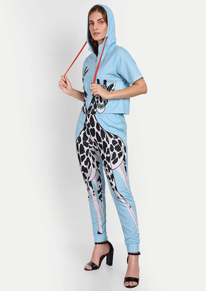 Blue Giraffe Print Zip-Up Hooded Crop Sweatshirt And Joggers Set IKI CHIC Private Ltd
