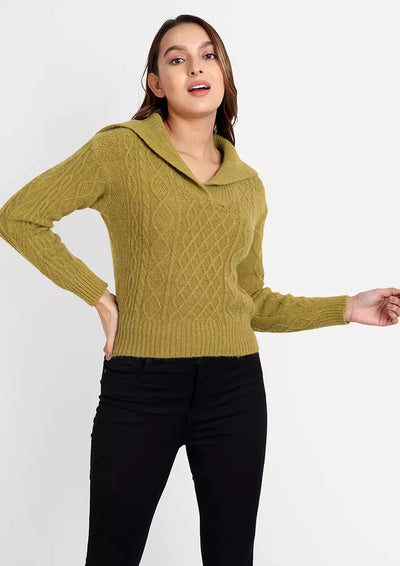 Khaki Cable Knit Sweater With Large Lapel Collar