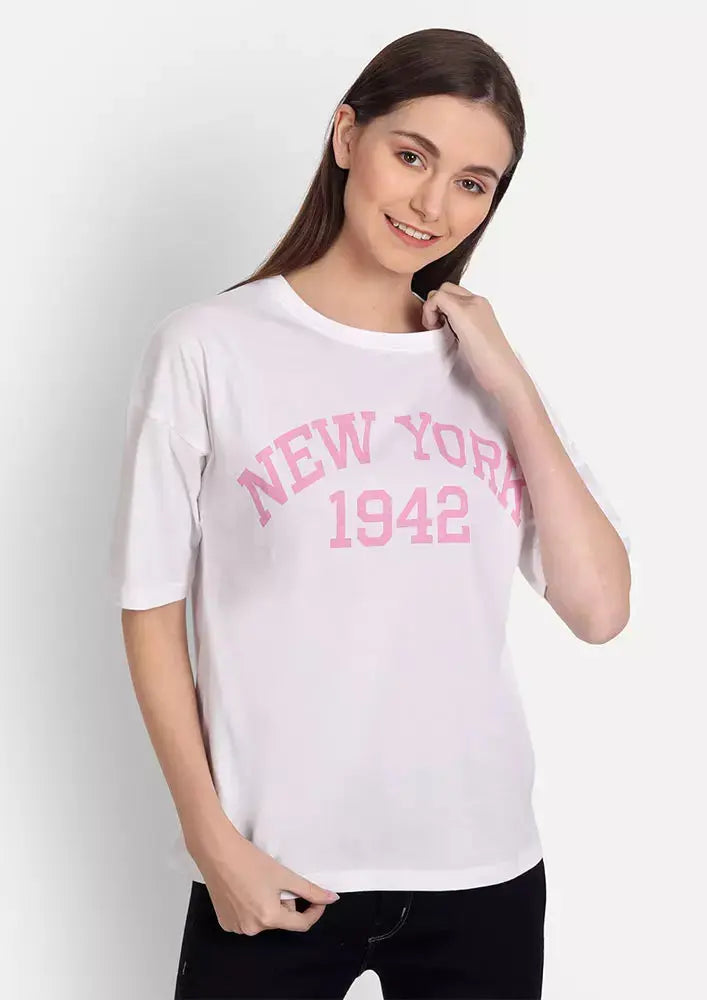 White Printed Oversized Short Sleeve T-shirt IKI CHIC Private Ltd
