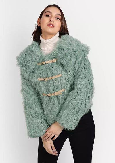 Sea Green Faux Fur Short Jacket With Leather Buckles