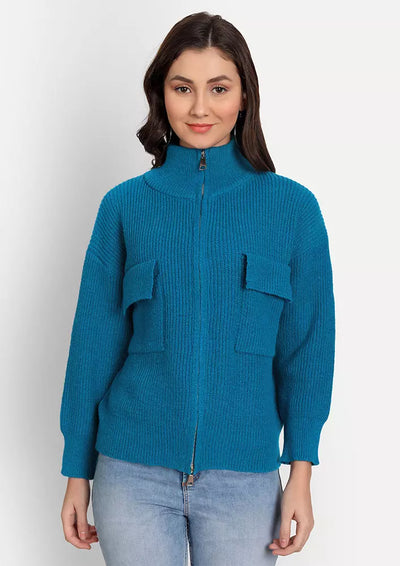 Blue Sweater With Font Zipper and Pocket Detailing