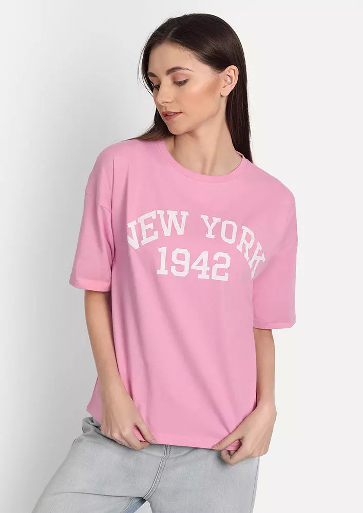 Pink Printed Oversized Short Sleeve T-Shirt