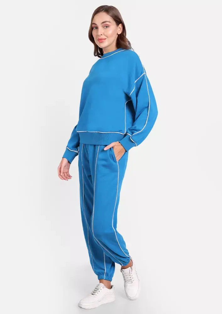 Light Blue Crew Neck Contrast Detail Oversized Joggers Set IKI CHIC