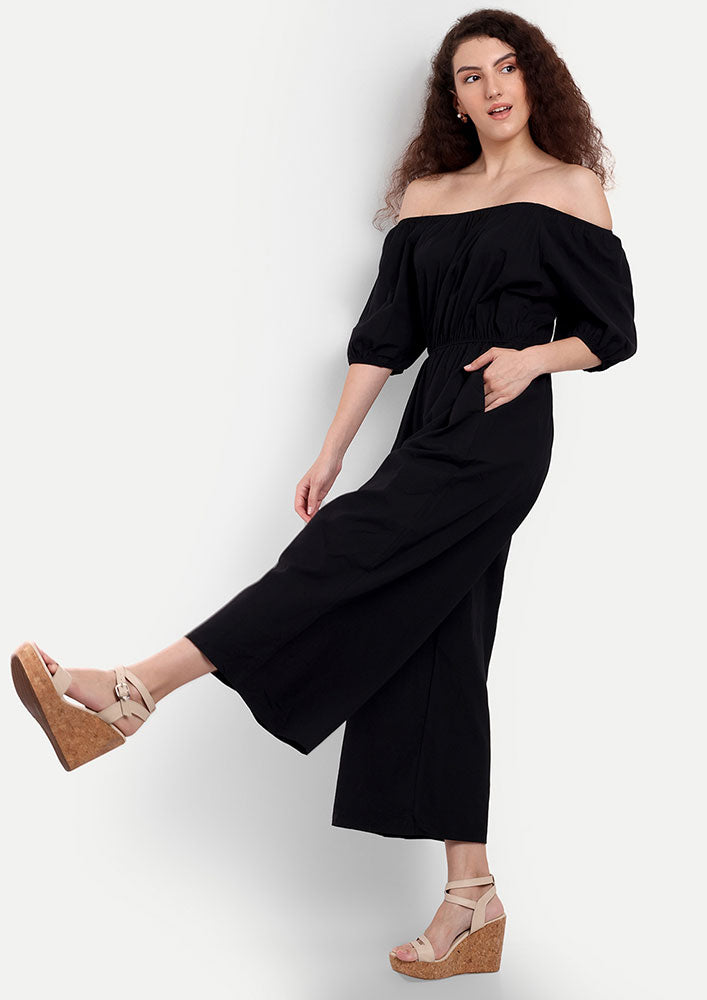 Black Wide Leg Jumpsuit With Off-Shoulder Neckline and Balloon Sleeve