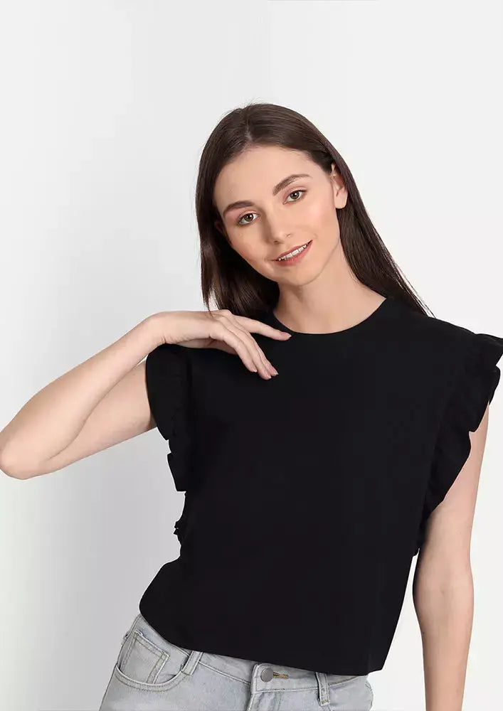 Black Ruffle Cap Sleeve Top IKI CHIC Private Ltd