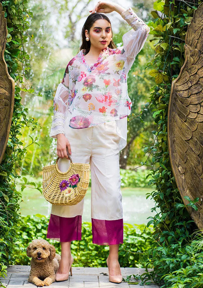 Organza Floral Print Oversize High-Low Top With Wide-Leg Pant Set IKI CHIC Private Ltd