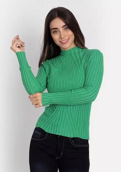 Green Fine Knit High Neck Bodyfit Top IKI CHIC Private Ltd