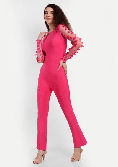 Pink High Waisted Jumpsuit With Net Full Sleeves