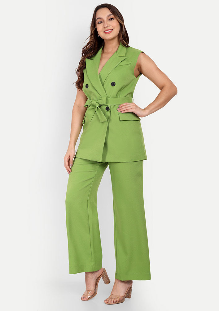 Green Double Breasted Lapel Collar Sleeveless Blazer With Straight Pants