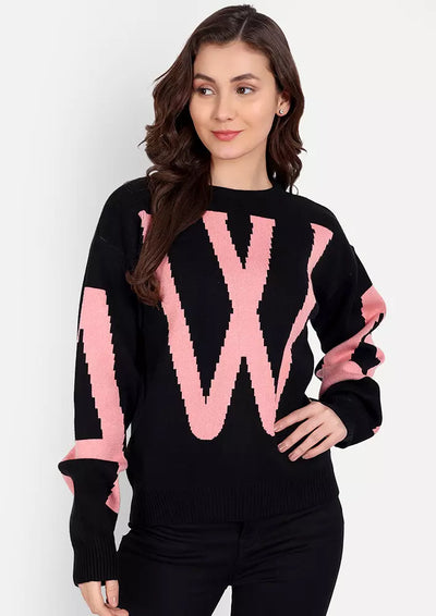 Black Oversized Typographic  Knitted Sweater