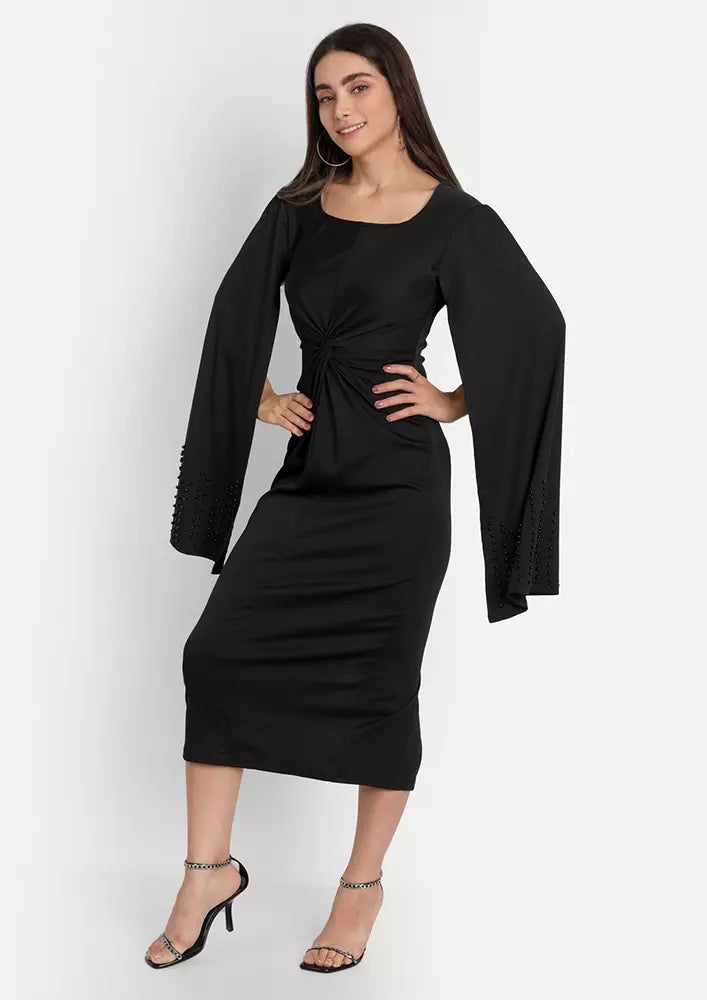 Black Twist Detail Cape Sleeve Bodycon Dress