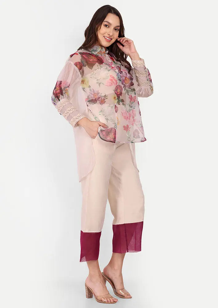 Organza Floral Print Oversize High-Low Top With Wide-Leg Pant Set IKI CHIC Private Ltd