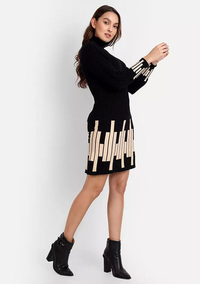Black A-Line Knitted Mini Dress With Turtle Neck