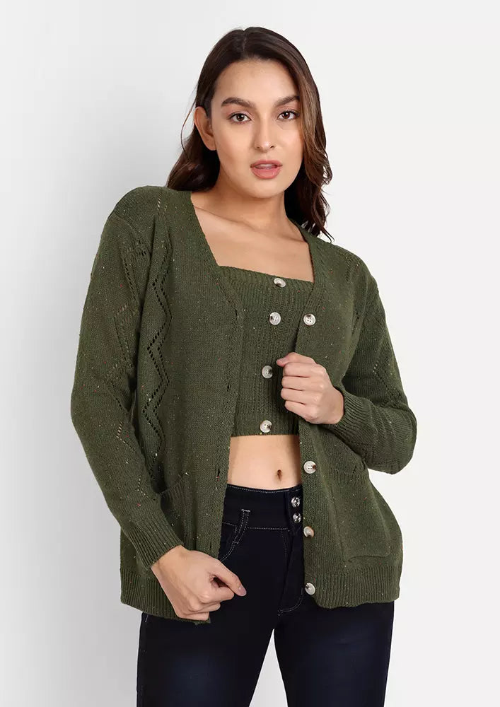 Green Two Piece Knitted Bustier & Cardigan
