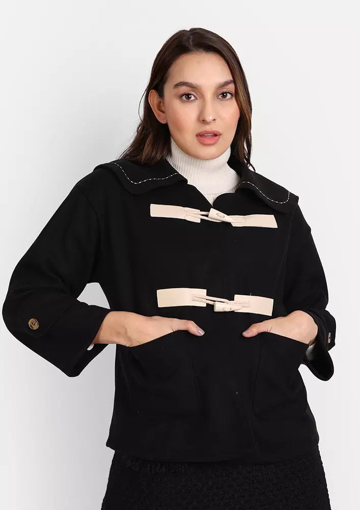 Black Suede Long Sleeve Front Button Coat