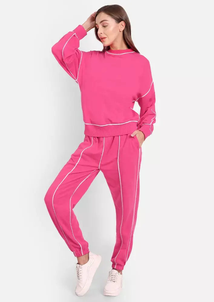 Hot Pink Jogger Set with White Piping Highlight IKI CHIC