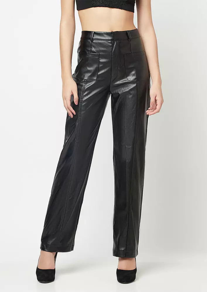 BLACK FAUX LEATHER PINTUCK DETAIL STRAIGHT LEG PANTS IKI CHIC Private Ltd