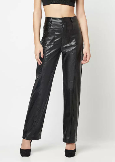 BLACK FAUX LEATHER PINTUCK DETAIL STRAIGHT LEG PANTS IKI CHIC Private Ltd