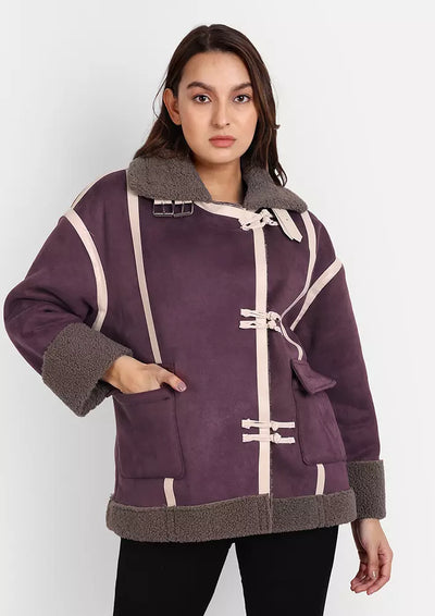 Purple Suede & Grey Lamb Wool Short Jacket