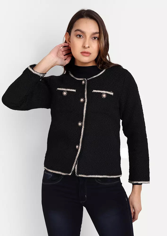 Black Tweed Front Button-Up Short Cardigan
