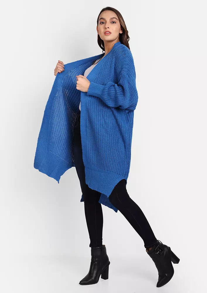 Blue Ribbed Knit Loose Fit Front Open Midi Cardigan
