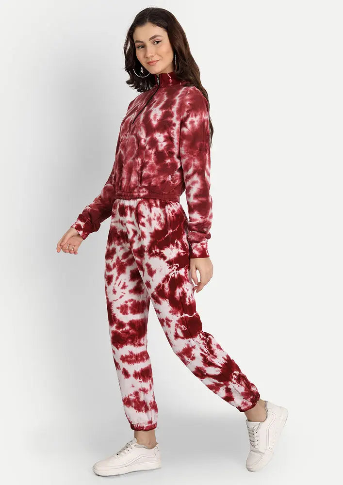 Red-White Zip-up Turtle Neck Tie-Dye Jogger Set IKI CHIC