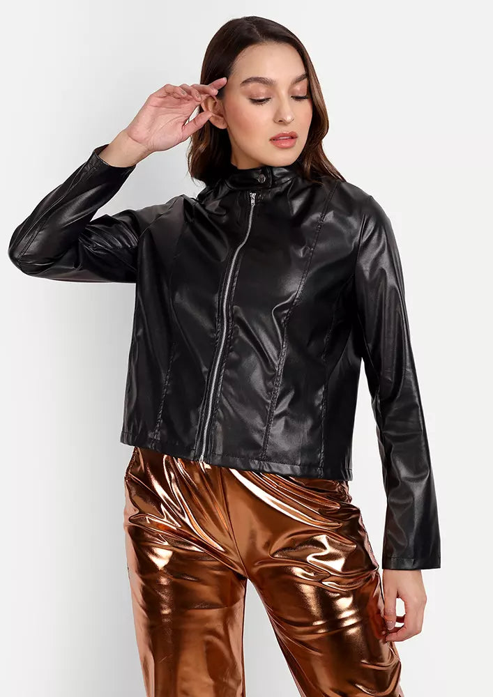 Black Faux Leather Biker Fit Jacket With Zipper