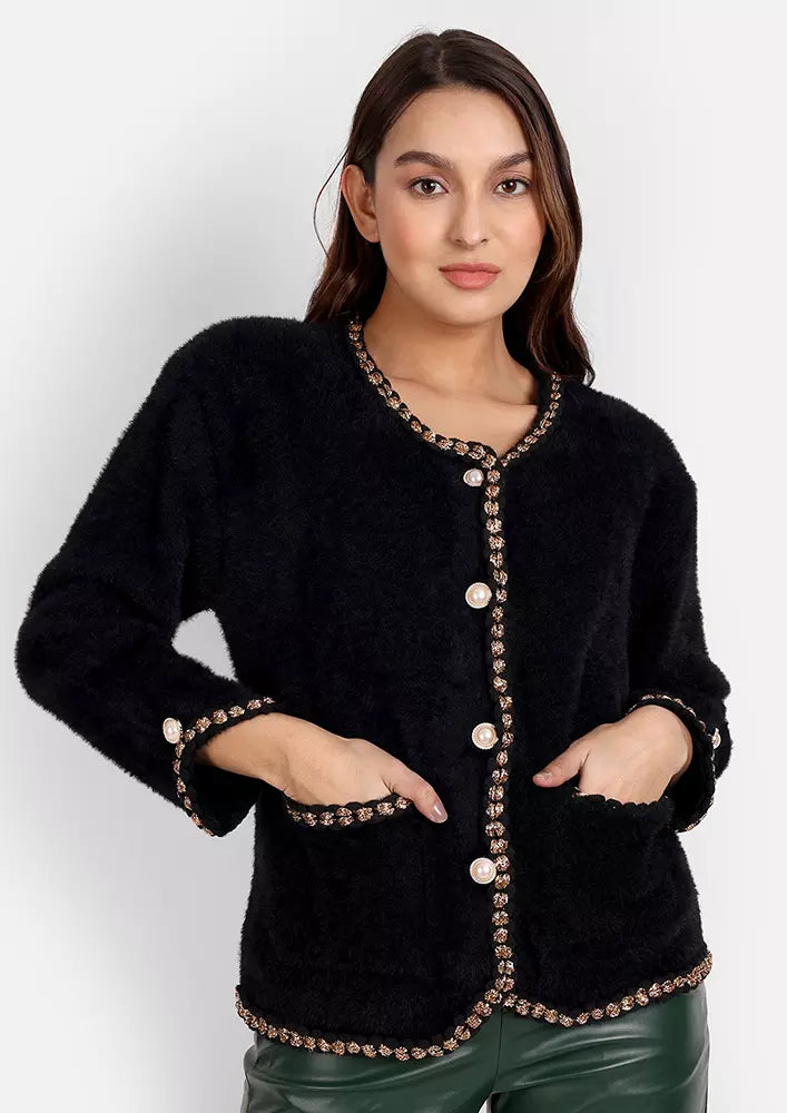 Black Short Mink Fur Front Button-Up Cardigan