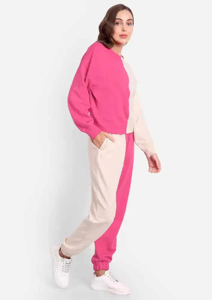 Hot Pink and Off White Colour Blocking Track Suit Set IKI CHIC