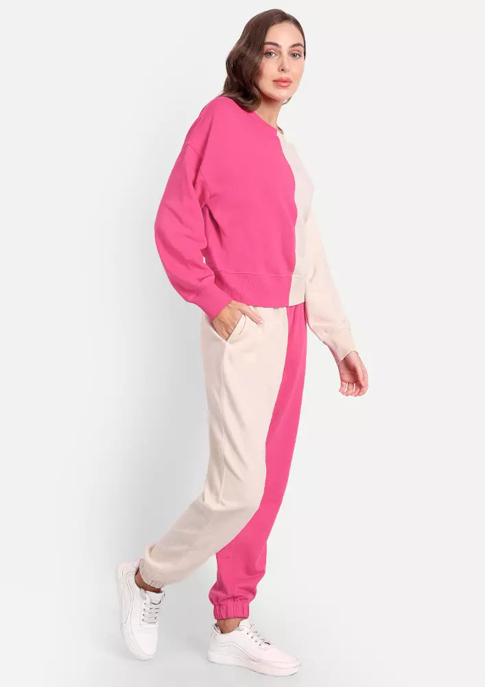 Hot Pink and Off White Colour Blocking Track Suit Set