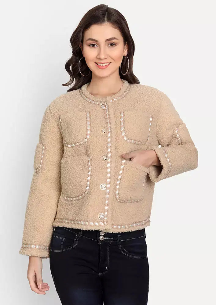 Beige Front Open Short Borg Fur Cardigan - IKI CHIC