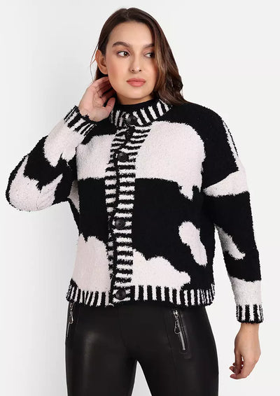 Black & White Color Blocking Front Button Up Soft Fleece Cardigan